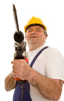 Worker with hammer drill and hard hat
