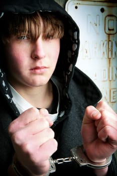 teenager in handcuffs