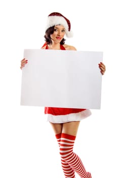 laughing santa woman with greeting card