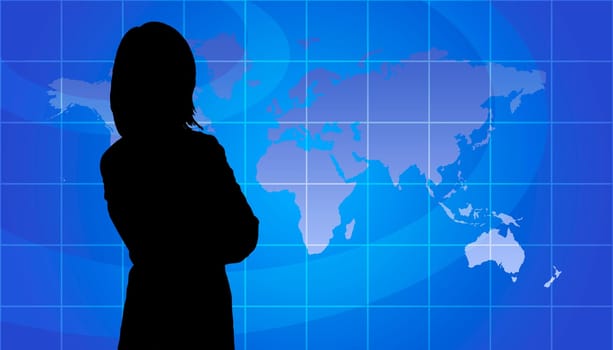 Business Woman Silhouette, World Map Background