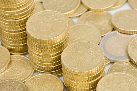 Macro of many coins cents Euro