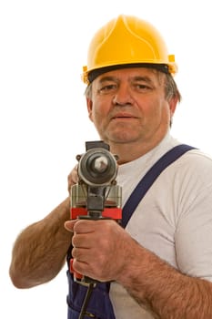 Worker with hammer drill and hard hat
