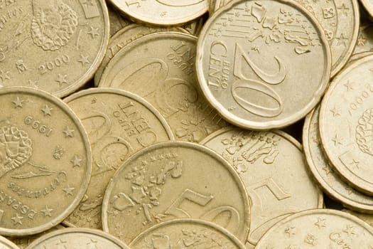 Macro of many coins cents Euro