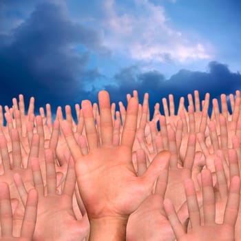 single hand in front of several hands