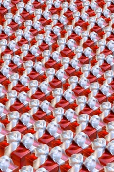 several red gift boxes in a row