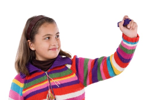 Adorable girl writing with fluorescent