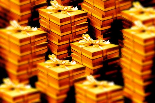 several orange giftboxes in a row