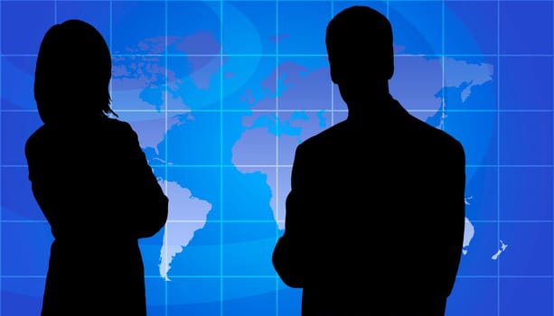 Business People Silhouette, World Map Background