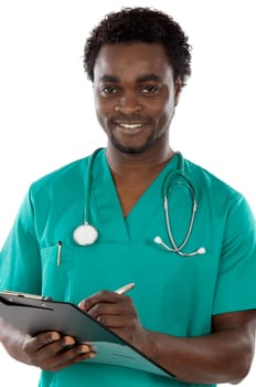 Young black doctor writing