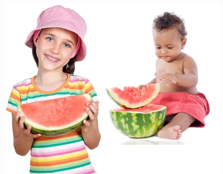 baby and girl eating watermelon