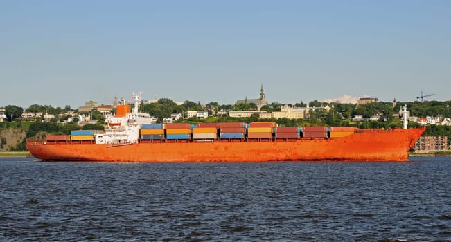 Container ship on the St. Lawrence River near Quebec City,Canada