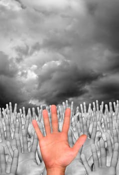 single hand in front of several hands