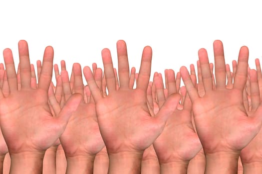several hands on white background