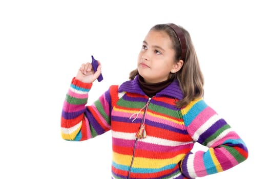 Adorable girl writing with fluorescent