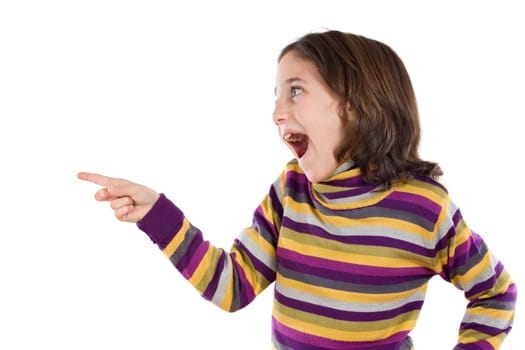 Beautiful girl surprised pointing