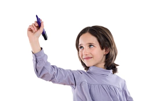 Adorable girl writing with fluorescent