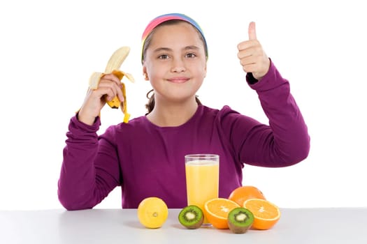 Cute girl with many fruits