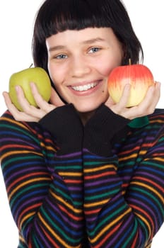 A pretty woman holding  apples