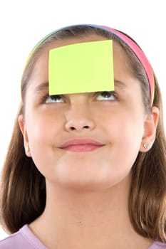 Adorable girl with post-it in her front