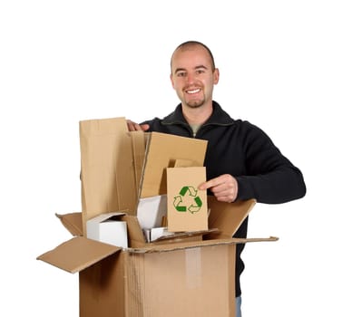 Isolated man on white show recycling cardboard