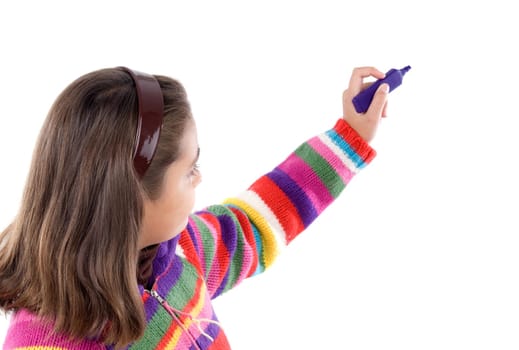 Adorable girl writing with fluorescent