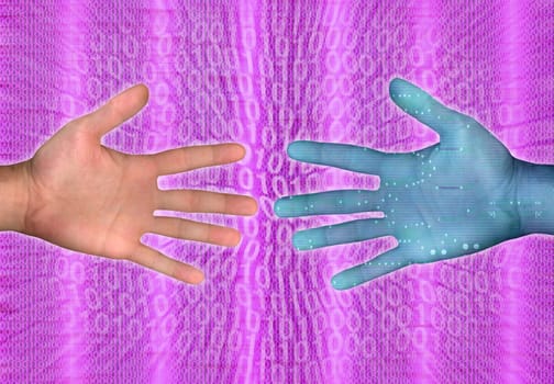 hands reaching each other and binarycode