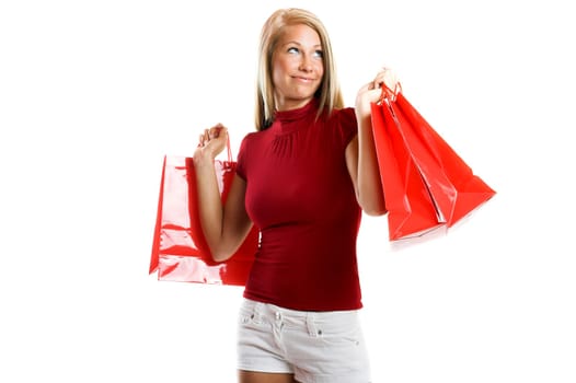 laughing woman with shopping bags
