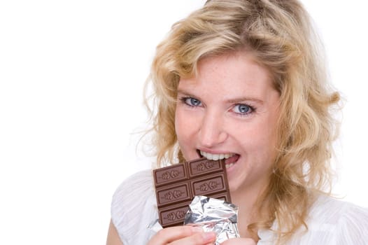 Young woman with bar of chocolate