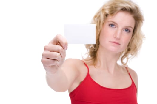 Woman with blank business card