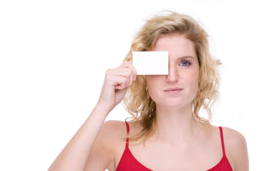 Woman with blank business card