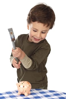 adorable boy breaking the money box