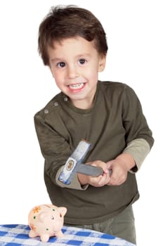 adorable boy breaking the money box