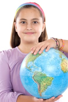 Adorable girl with a globe of the world