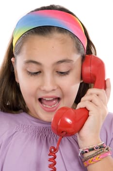Beautiful girl with red telephone happy