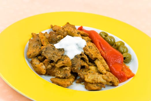Gyros with tzatziki,bell pepper salad