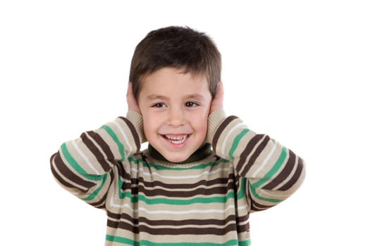 Adorable child stoppering his ears