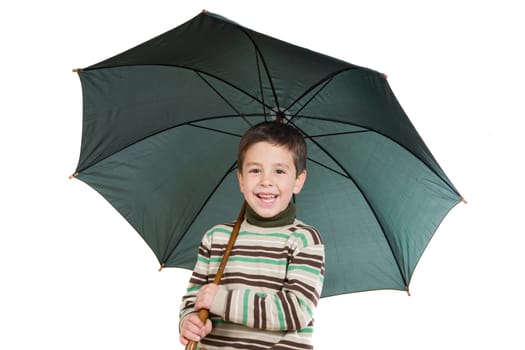 Adorable boy with open umbrellas