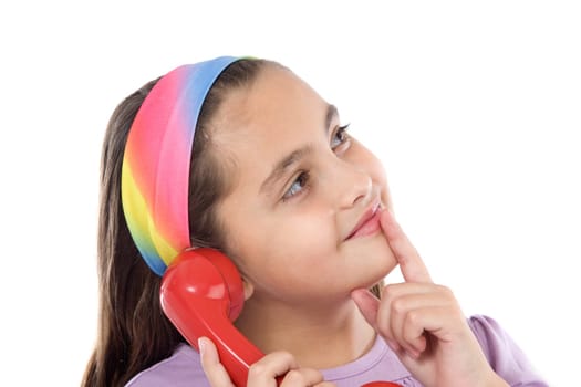 Beautiful girl with red telephone think