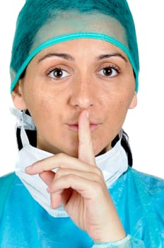 Lady doctor gesture asks silence
