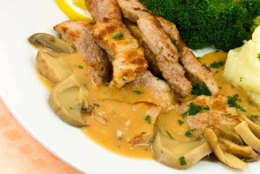 Fillet slices with mushroom cream sauce