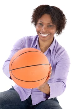 Woman with balloon of basketball