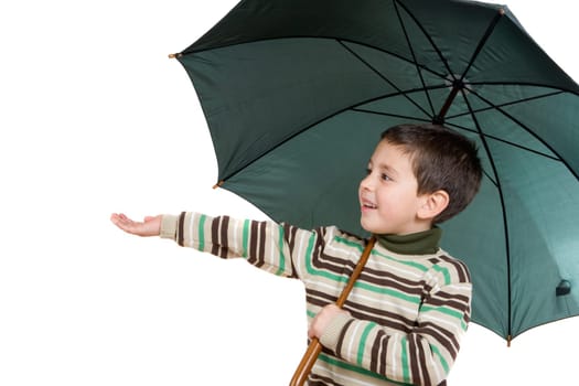 Adorable boy with open umbrellas