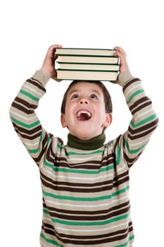 Adorable child with many books on head