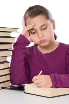 Adorable girl concentrated with boos