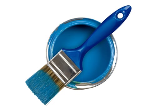 Blue paint can with brush isolated