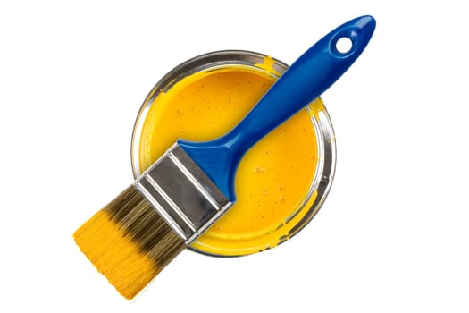 Yellow paint can with brush isolated