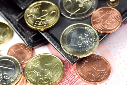 Few euro bills and euro coins in wallet