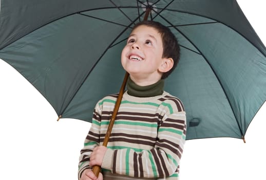 Adorable boy with open umbrellas