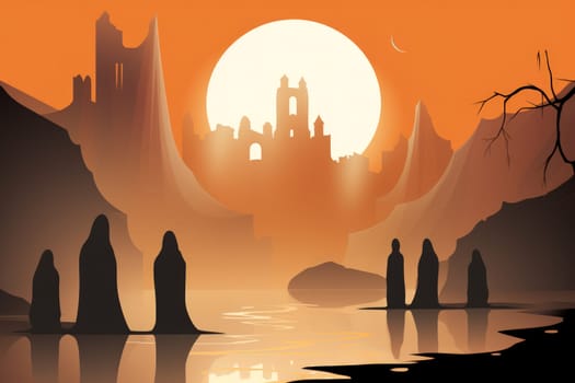 In the realm of fantasy, eerie and ethereal, ancient ruins and crumbling castles are shrouded in an unsettling atmosphere, haunted by ghostly apparitions.