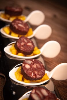 RECIPE FOR BLACK PUDDING WITH BUTTERED CANDIED APPLE. High quality PHOTO